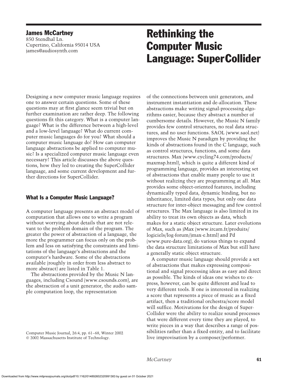 Rethinking the Computer Music Language: Supercollider
