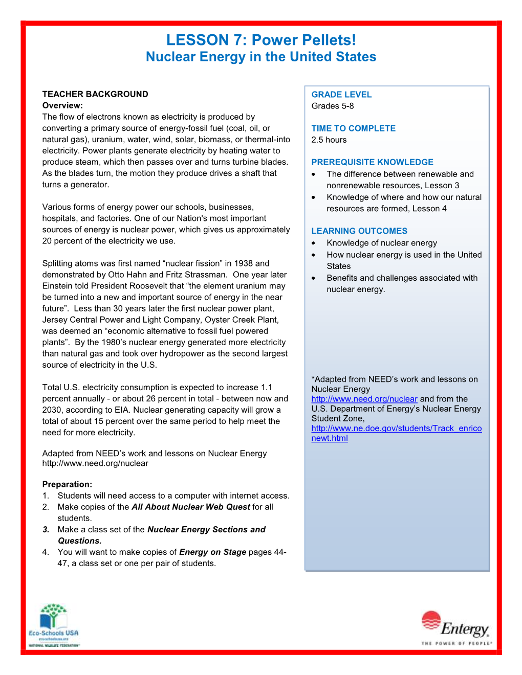 LESSON 7: Power Pellets! Nuclear Energy in the United States