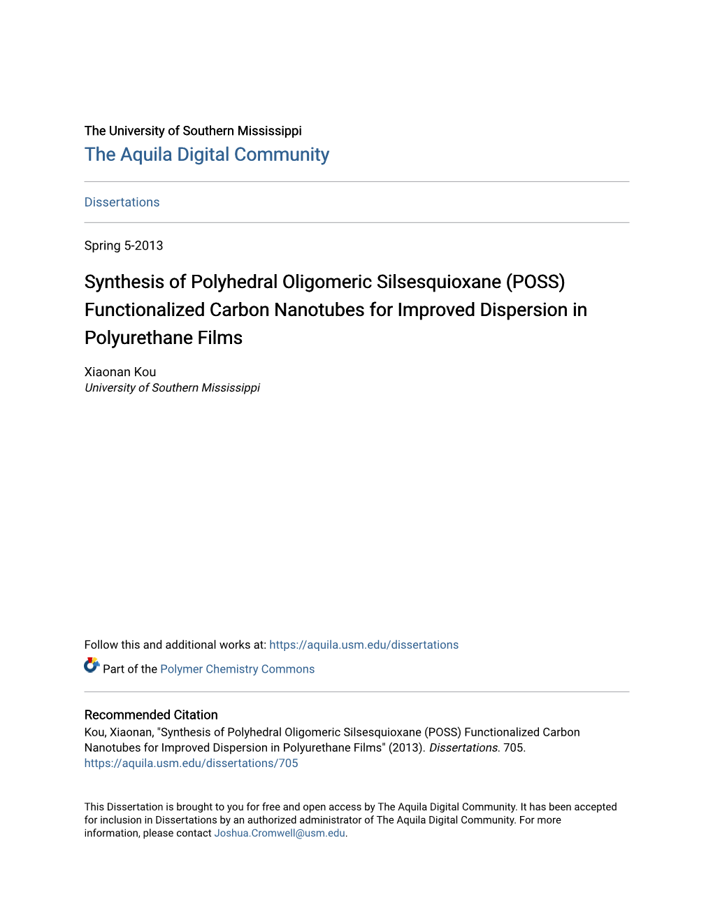 Synthesis of Polyhedral Oligomeric Silsesquioxane (POSS) Functionalized Carbon Nanotubes for Improved Dispersion in Polyurethane Films