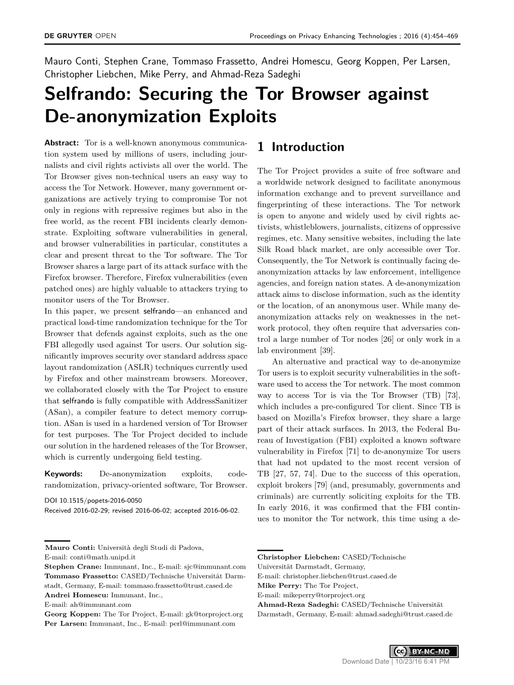 Selfrando: Securing the Tor Browser Against De-Anonymization Exploits