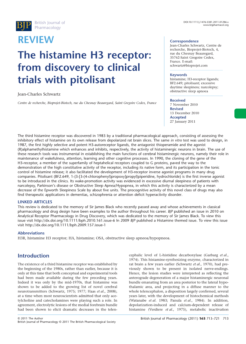 The Histamine H3 Receptor: from Discovery to Clinical Trials With