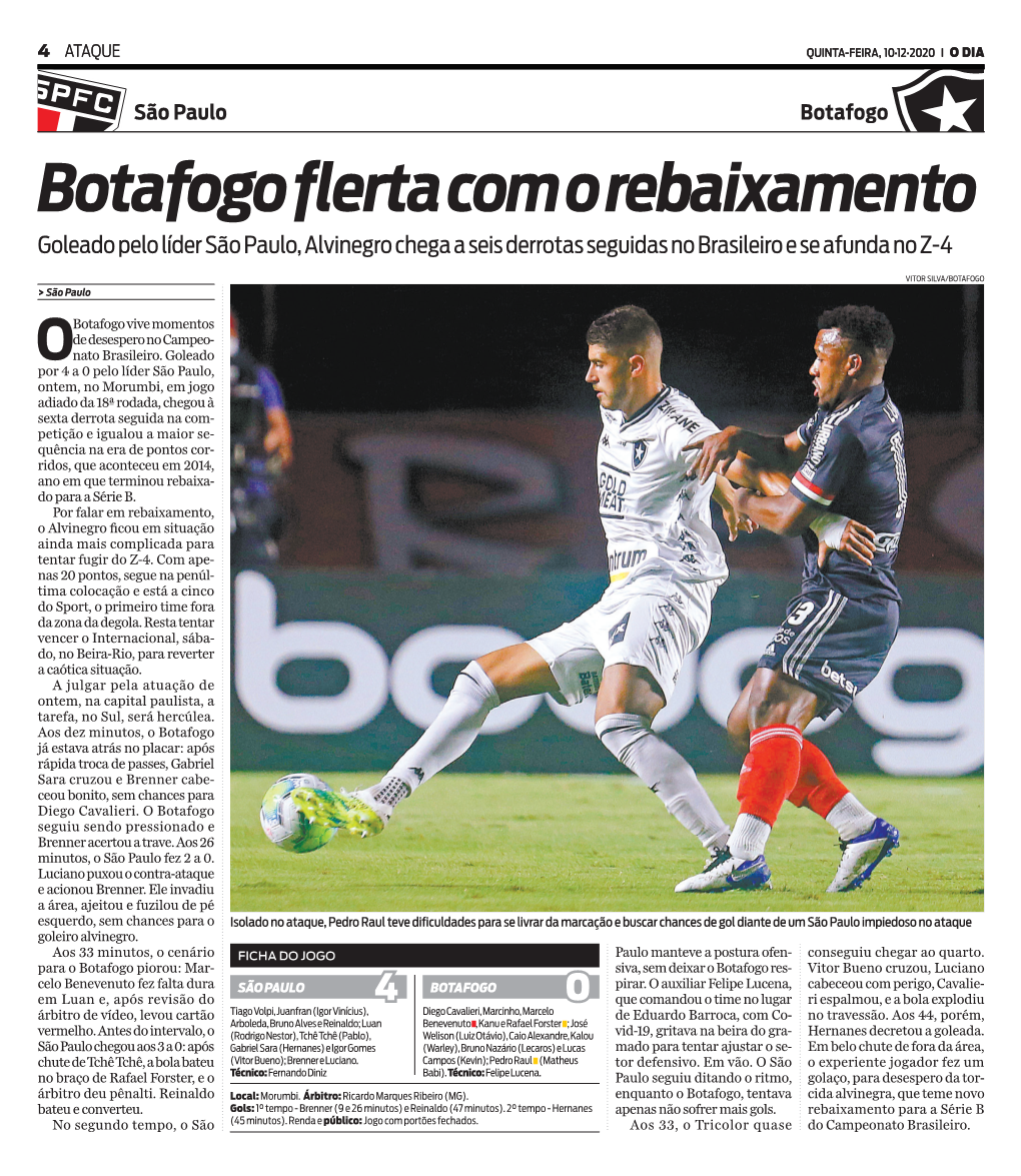 Botafogo Flerta Com O Rebaixamento Goleado Pelo Líder São Paulo, Alvinegro Chega a Seis Derrotas Seguidas No Brasileiro E Se Afunda No Z-4