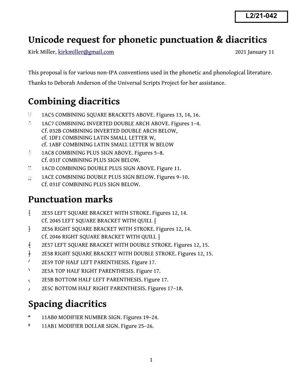 Unicode Request for Phonetic Punctuation & Diacritics Combining Diacritics Punctuation Marks Spacing Diacritics