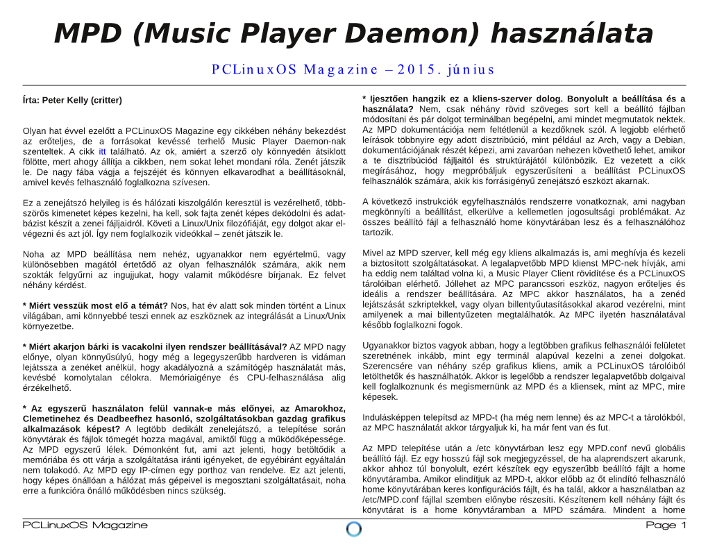 MPD (Music Player Daemon) Használata Pclinuxos Magazine – 2015