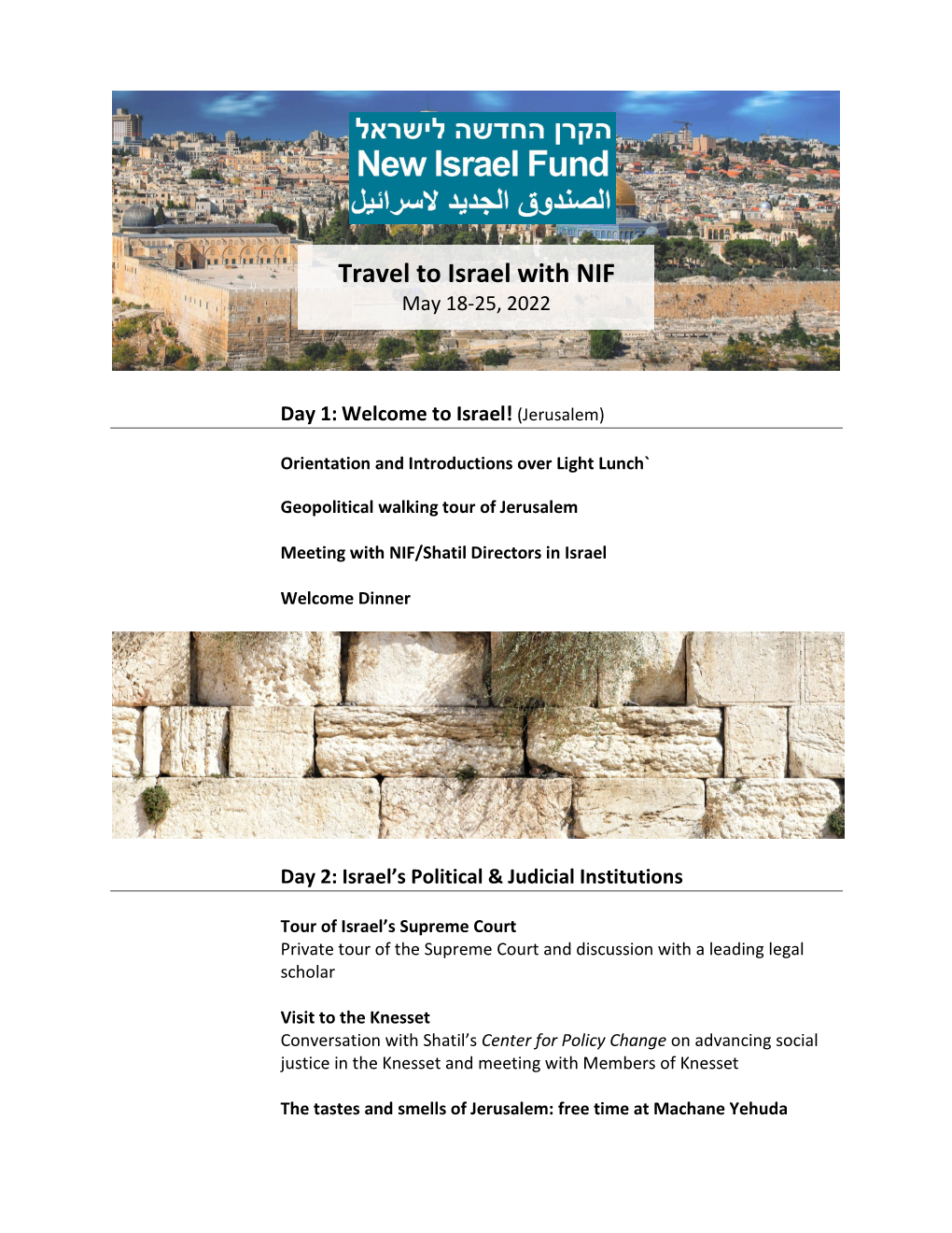 Travel to Israel with NIF May 18-25, 2022