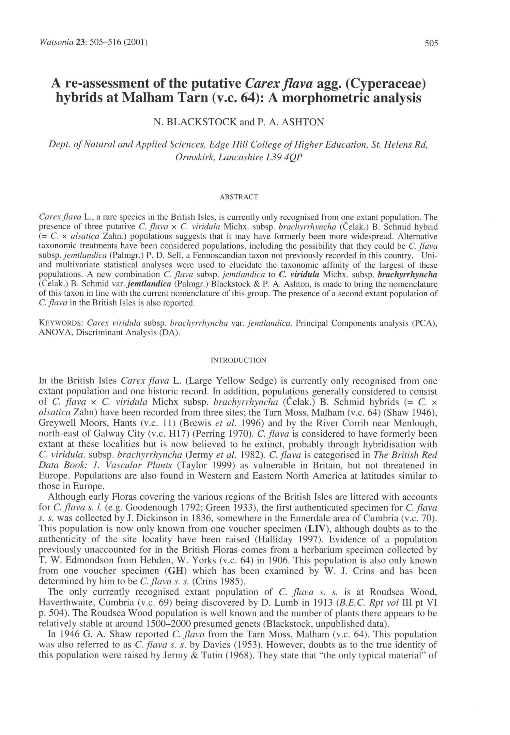 A Re-Assessment of the Putative Carex Flava Agg. (Cyperaceae) Hybrids at Malham Tarn (V.C