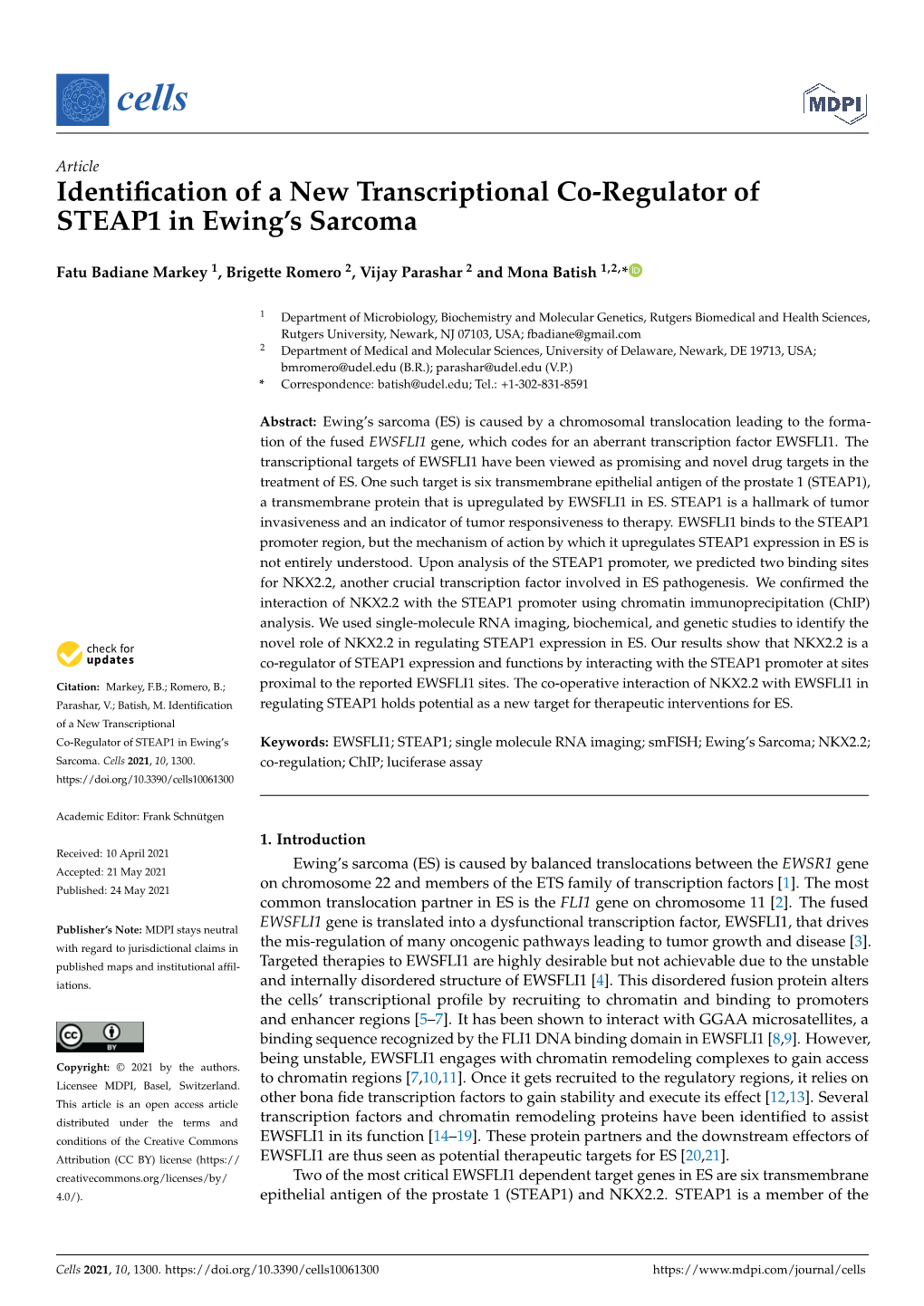 Identification of a New Transcriptional Co-Regulator of STEAP1 in Ewing's
