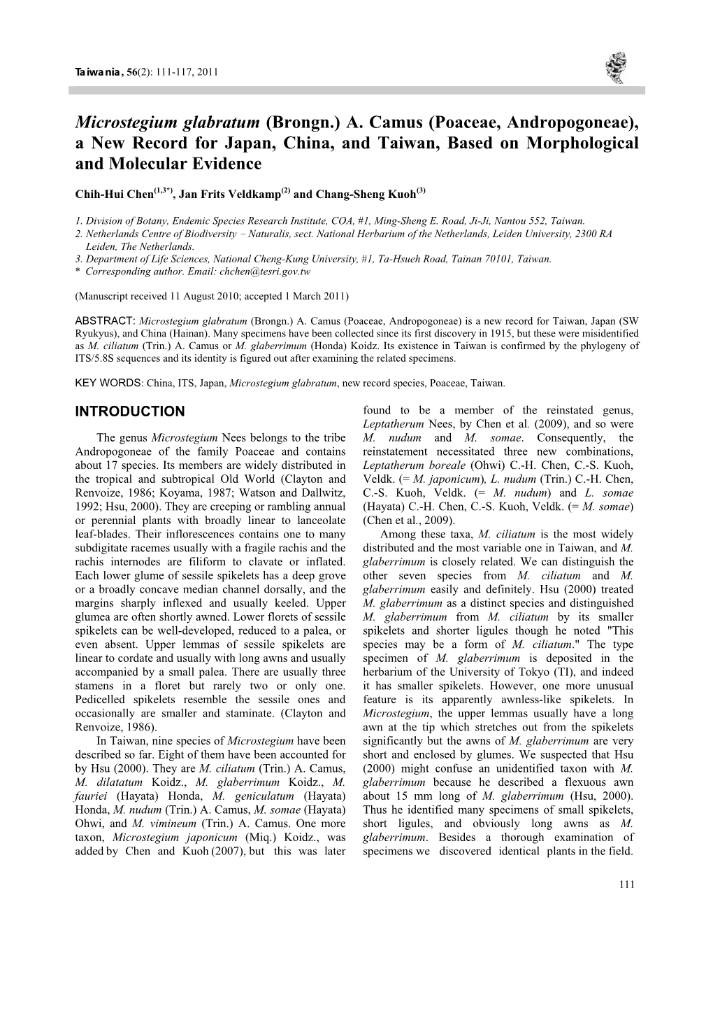 Microstegium Glabratum (Brongn.) A. Camus (Poaceae, Andropogoneae), a New Record for Japan, China, and Taiwan, Based on Morphological and Molecular Evidence