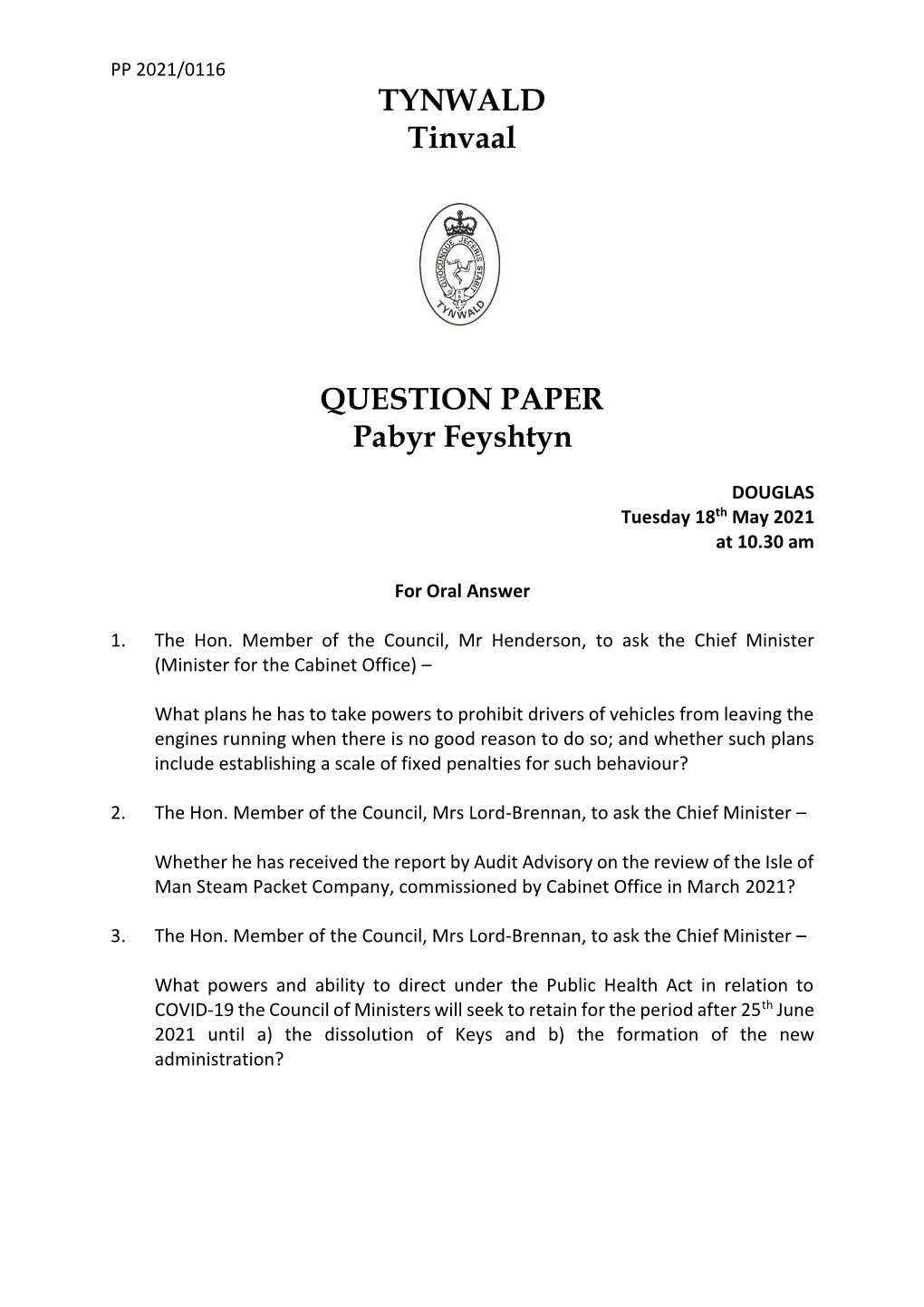 18 May 2021 Tynwald Question Paper