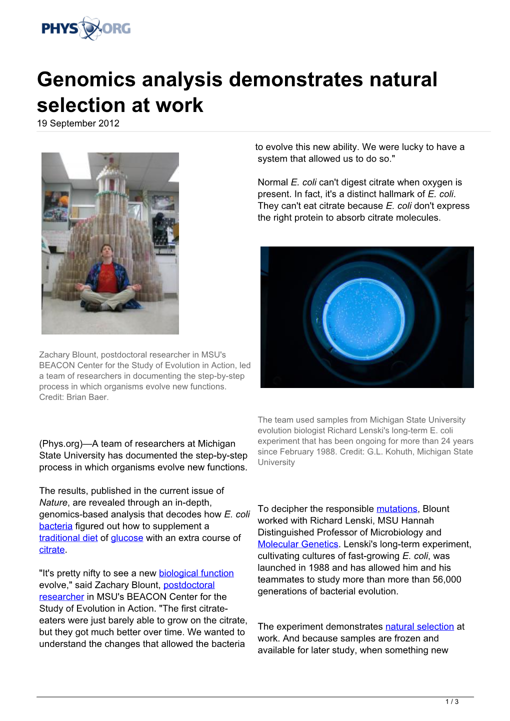 Genomics Analysis Demonstrates Natural Selection at Work 19 September 2012