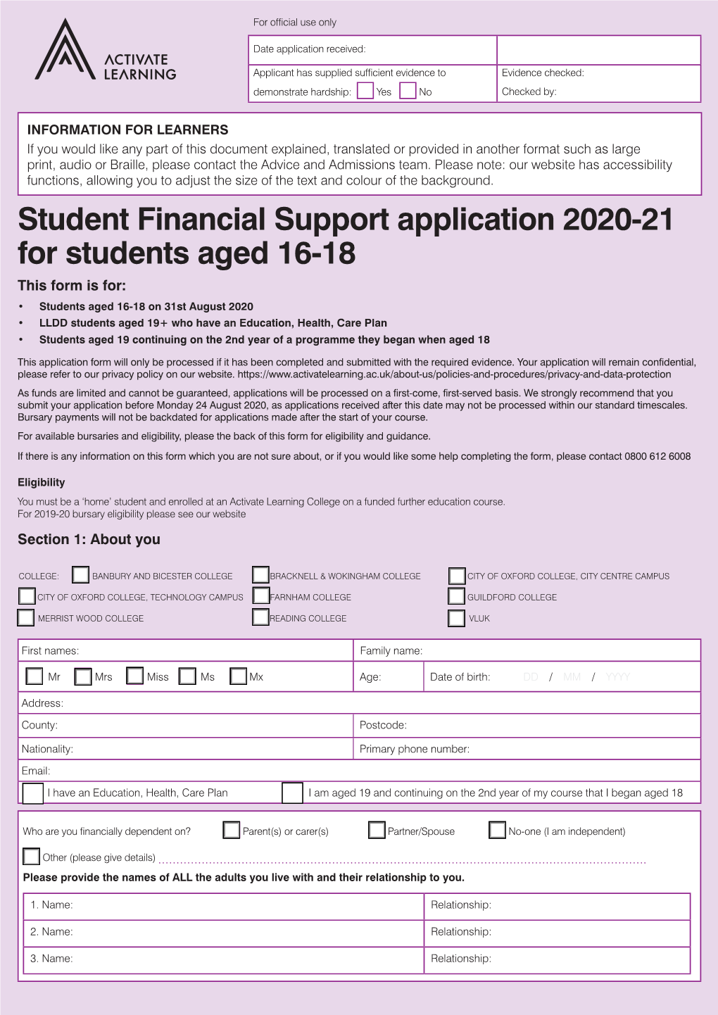 Student Financial Support Application 2020-21 for Students Aged 16-18