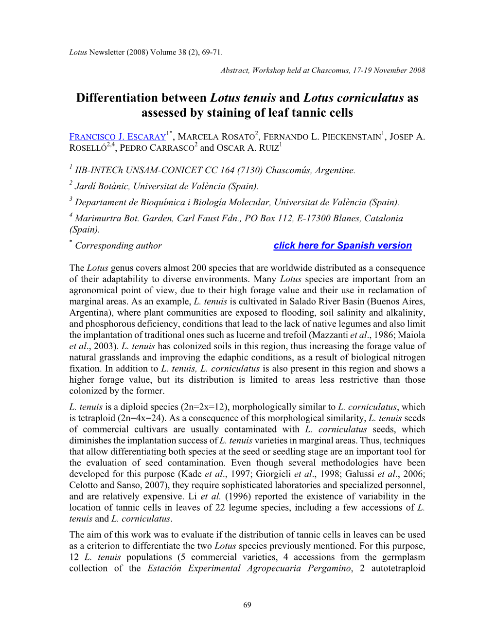 Differentiation Between Lotus Tenuis and Lotus Corniculatus As Assessed by Staining of Leaf Tannic Cells