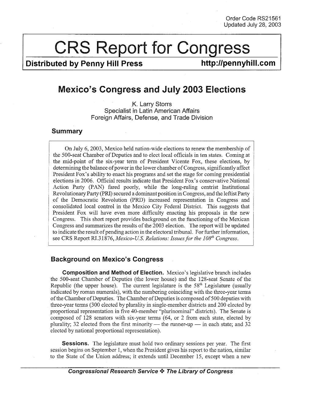 CRS Report for Congress Distributed by Penny Hill Press Http :Llpennyhill .Co M