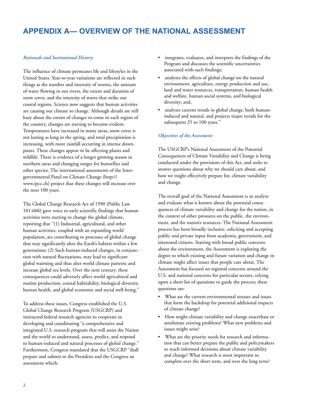 The Potential Consequences of Climate Variability and Change for Broad Sectors That Encompass Environmental, Economic, and Societal Concerns