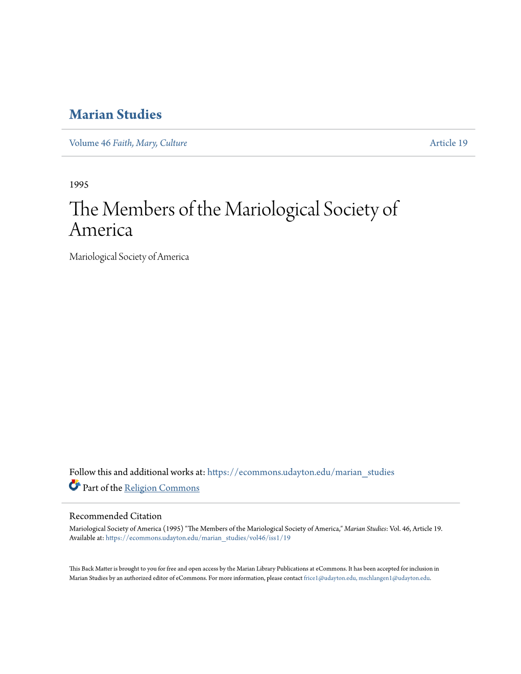 The Members of the Mariological Society of America