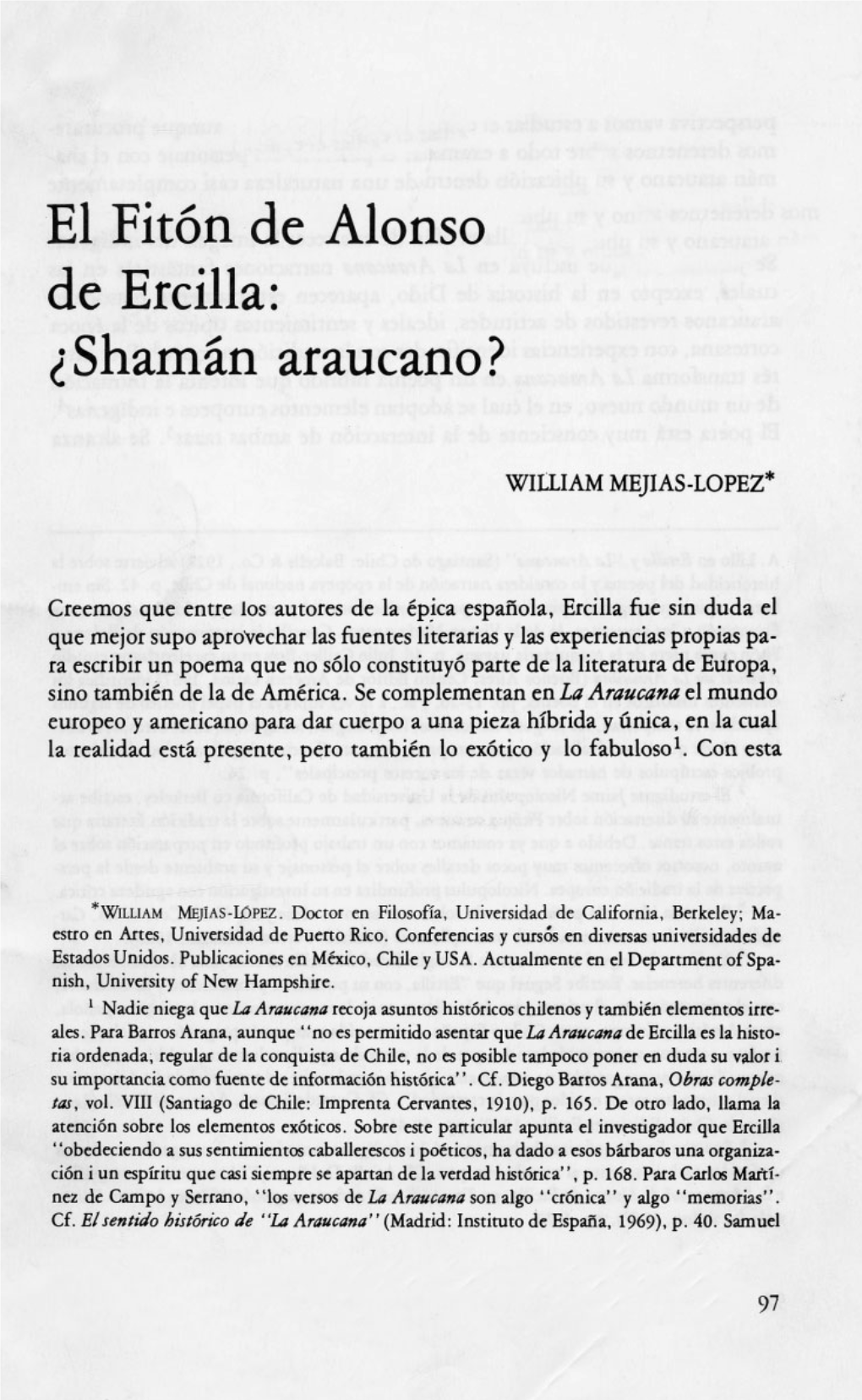 El Fit6n De Alonso De Ercilla: Ishamiin Araucano?