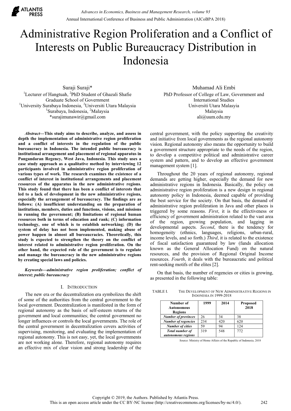 Administrative Region Proliferation and a Conflict of Interests on Public Bureaucracy Distribution in Indonesia