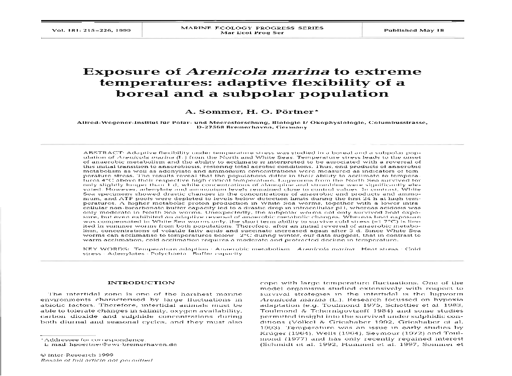 Exposure of Arenicola Marina to Extreme Temperatures: Adaptive Flexibility of a Boreal and a Subpolar Population