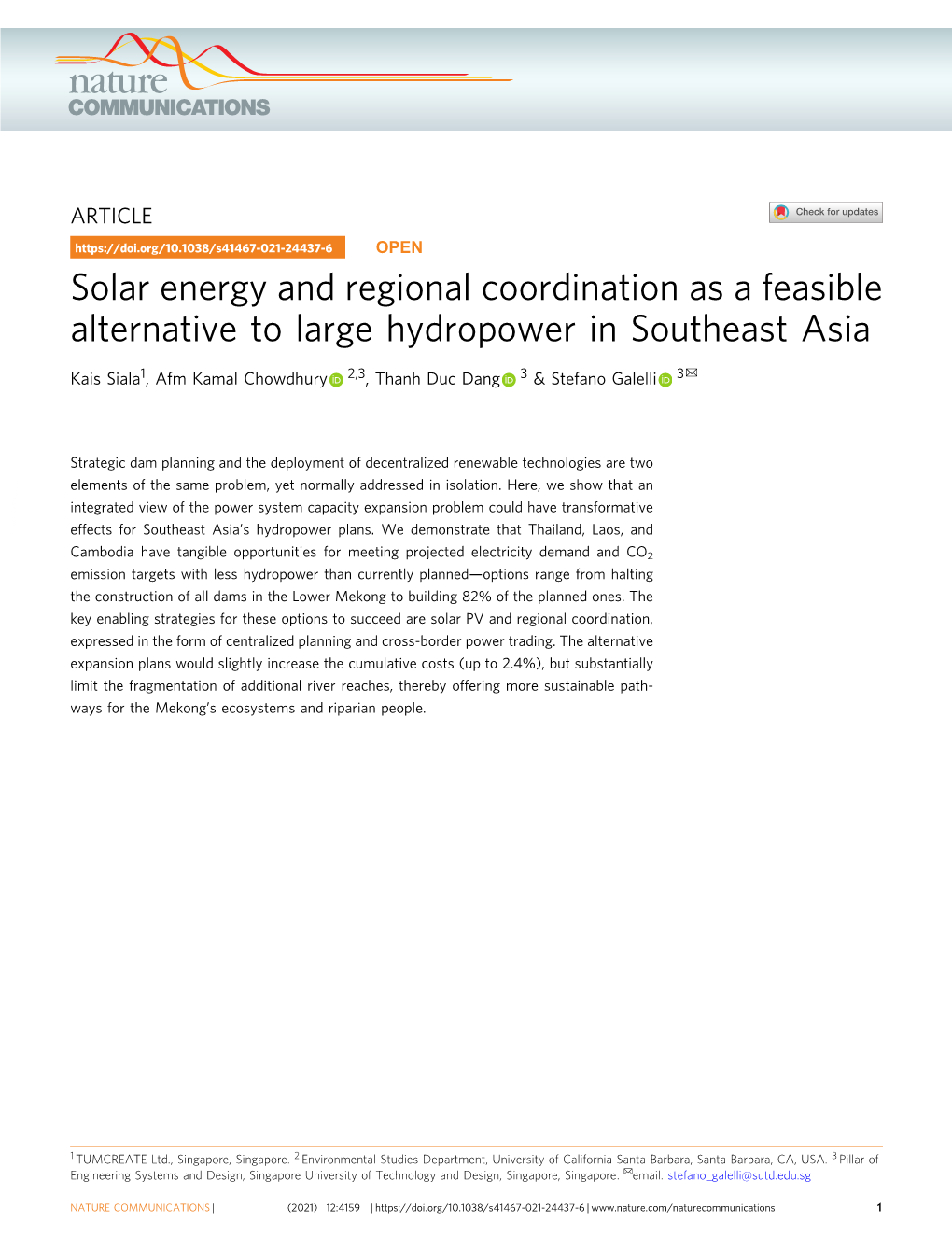 Solar Energy and Regional Coordination As a Feasible Alternative to Large Hydropower in Southeast Asia
