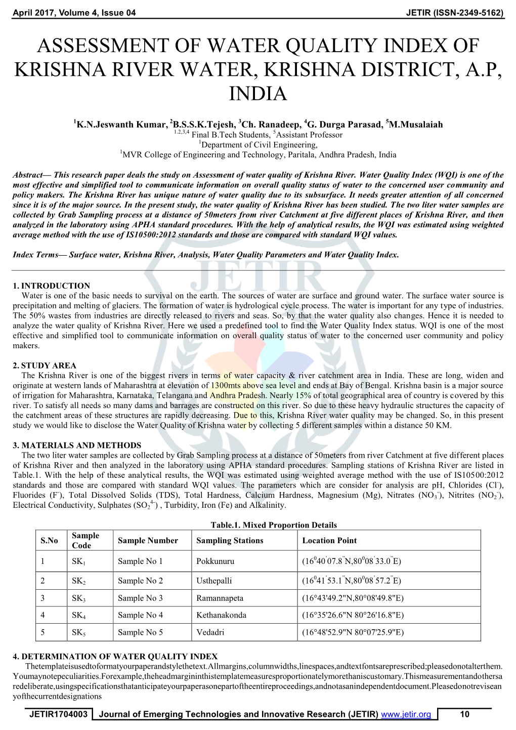 Assessment of Water Quality Index of Krishna River Water, Krishna District, A.P, India