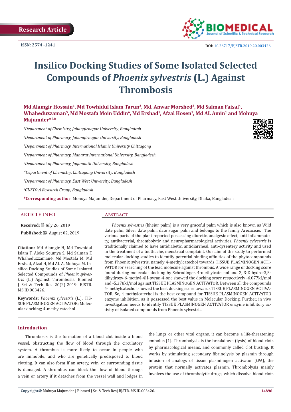 Insilico Docking Studies of Some Isolated Selected Compounds of Phoenix Sylvestris (L.) Against Thrombosis