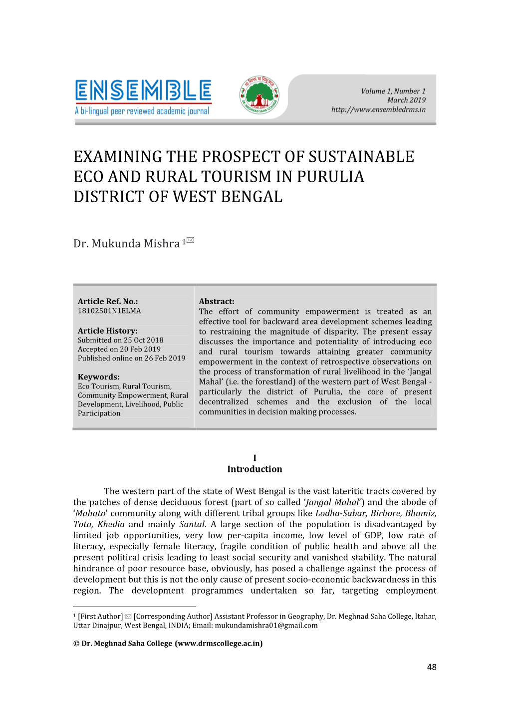 Examining the Prospect of Sustainable Eco and Rural Tourism in Purulia District of West Bengal
