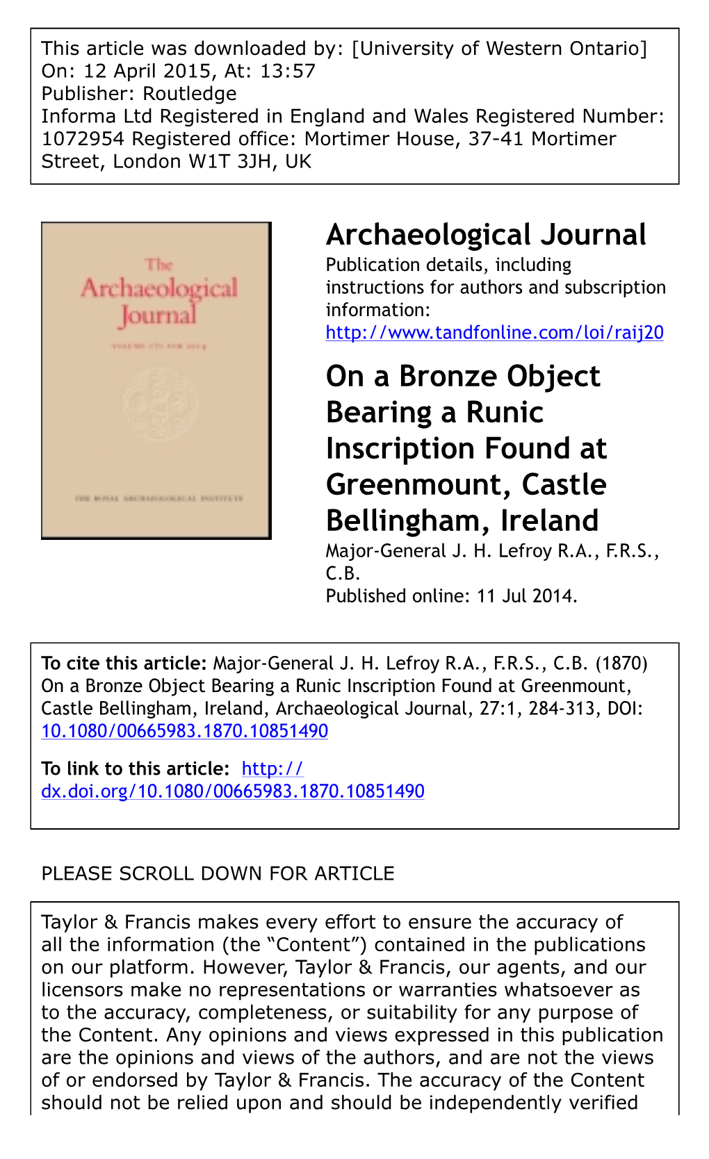 Archaeological Journal on a Bronze Object Bearing A