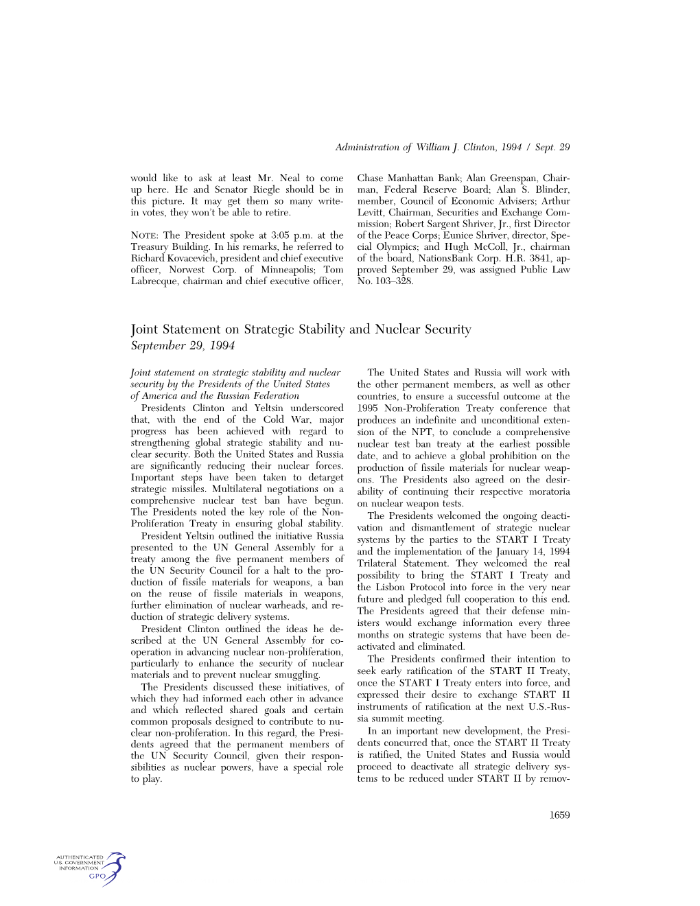 Joint Statement on Strategic Stability and Nuclear Security September 29, 1994