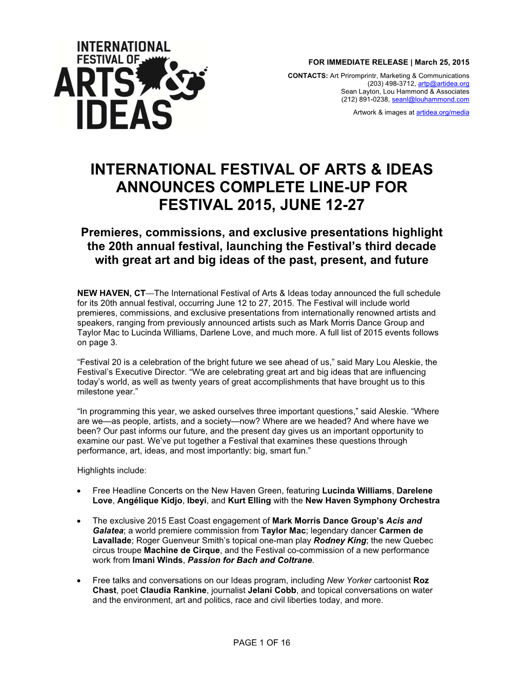 International Festival of Arts & Ideas Announces