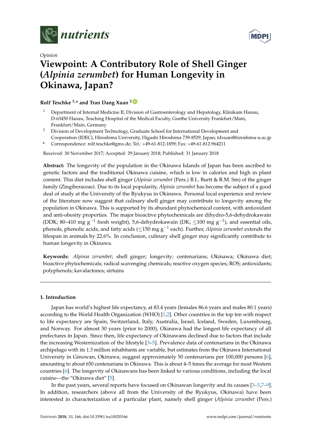 A Contributory Role of Shell Ginger (Alpinia Zerumbet) for Human Longevity in Okinawa, Japan?