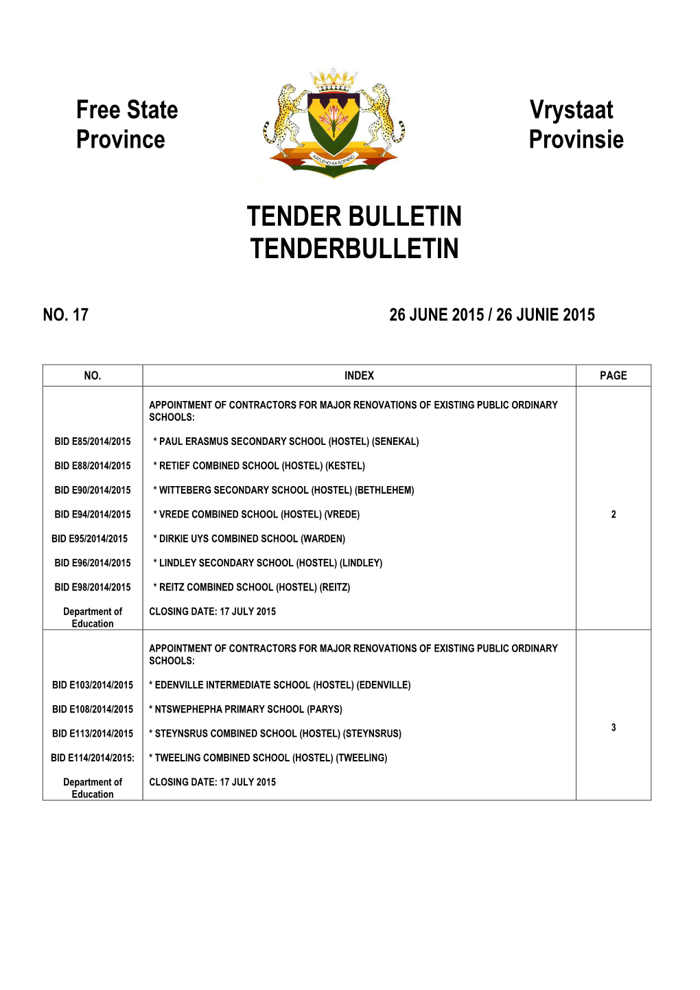 Tender Bulletin for Free State No 17 of 26-June-2015