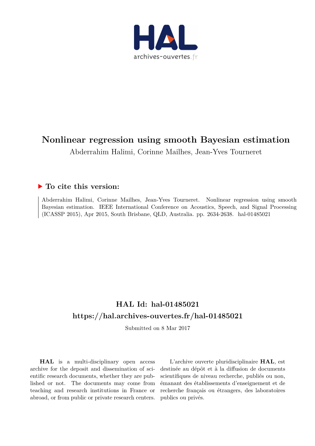 Nonlinear Regression Using Smooth Bayesian Estimation Abderrahim Halimi, Corinne Mailhes, Jean-Yves Tourneret