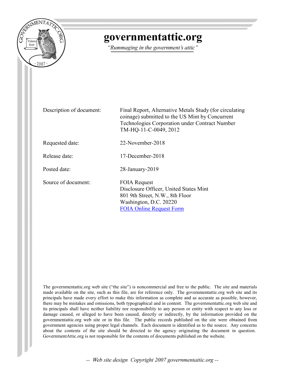 Final Report, Alternative Metals Study (For Circulating Coinage) Submitted