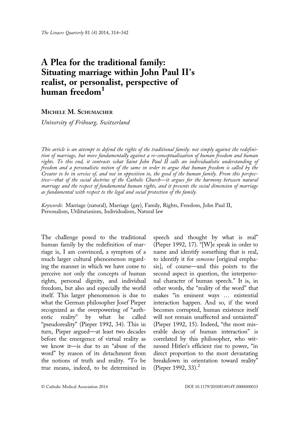 Situating Marriage Within John Paul II's Realist, Or Personalist