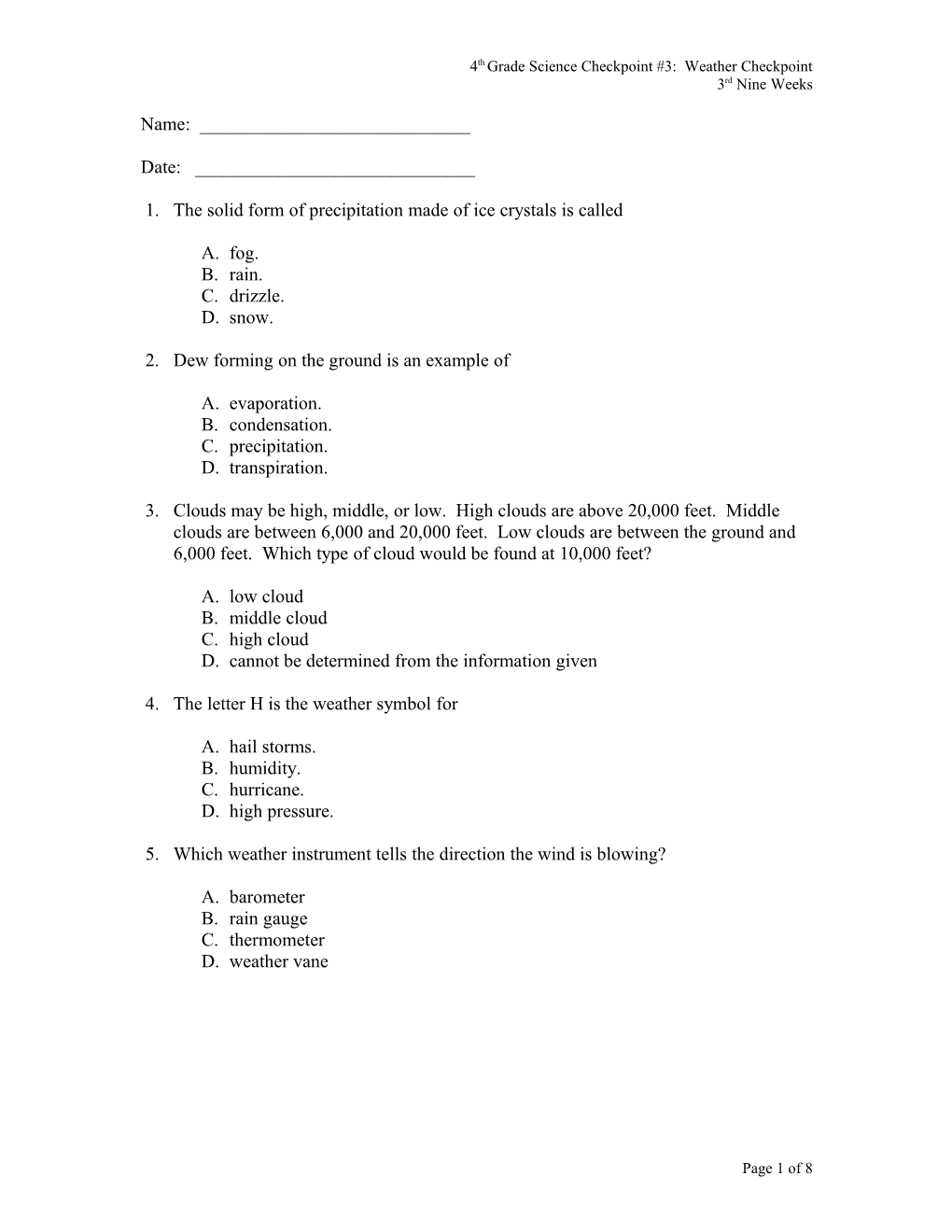 4Th Grade Science Checkpoint #3: Weather Checkpoint