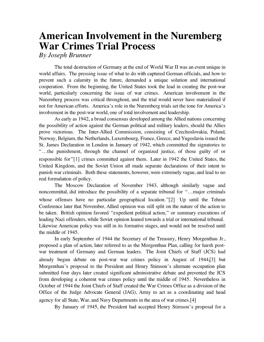 American Involvement in the Nuremberg War Crimes Trial Process by Joseph Brunner
