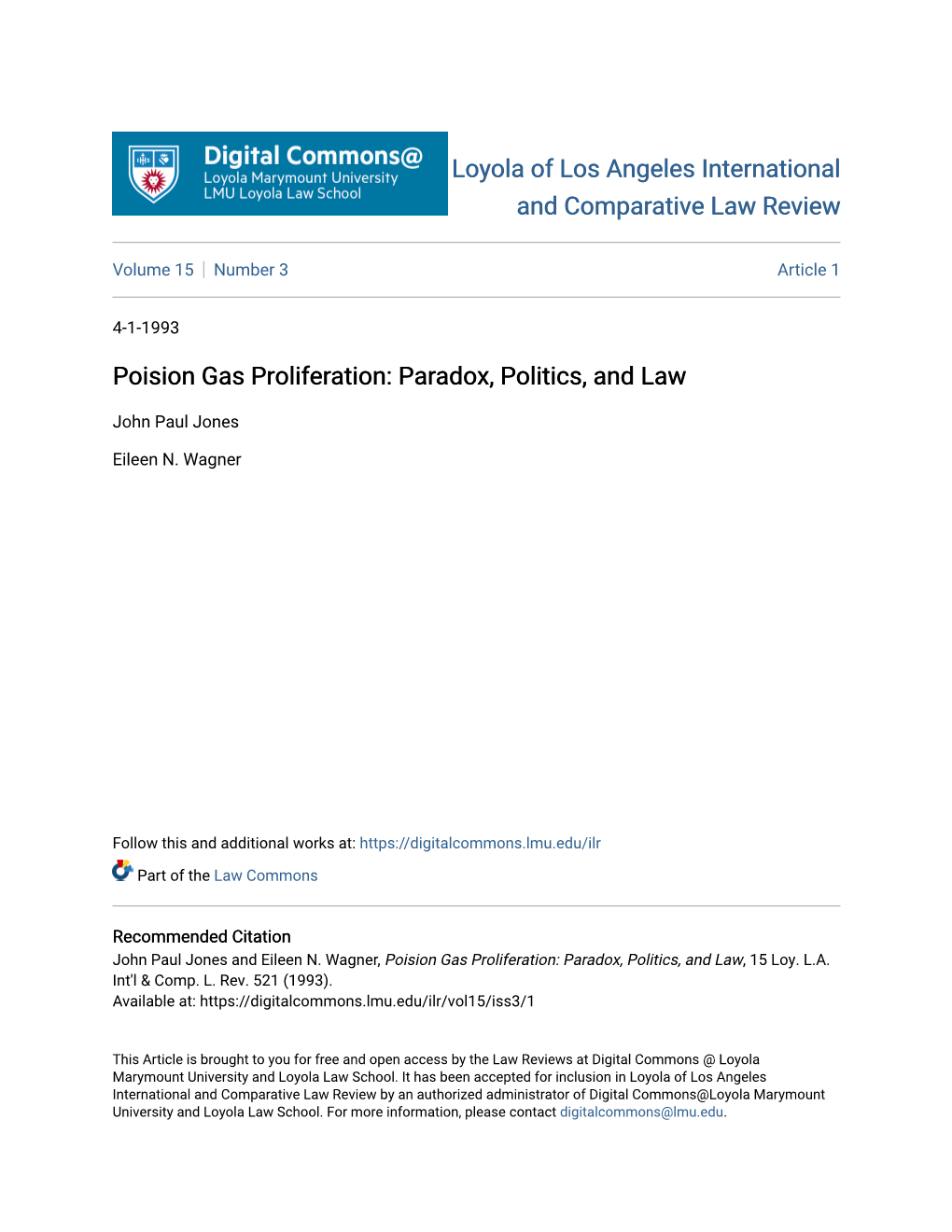 Poision Gas Proliferation: Paradox, Politics, and Law