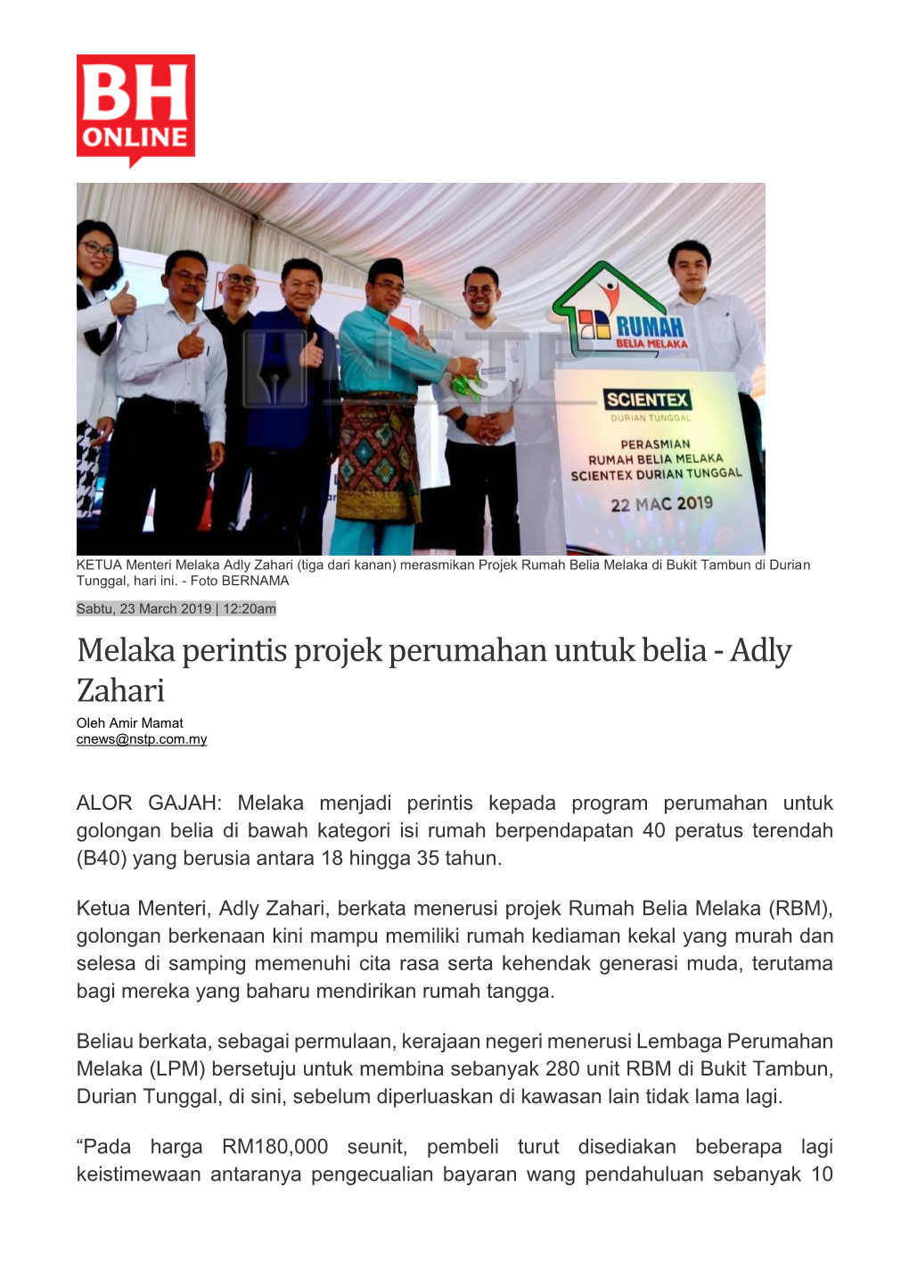 Melaka Perintis Projek Perumahan Untuk Belia - Adly Zahari Oleh Amir Mamat Cnews@Nstp.Com.My