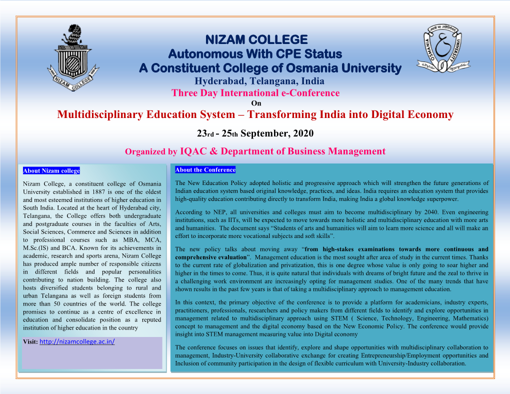 Three Day International E-Conference on Multidisciplinary Education System – Transforming India Into Digital Economy