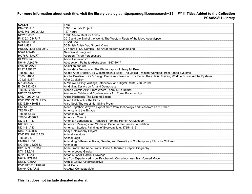 FY11 Titles Added to the Collection PCA8/23/11 Library