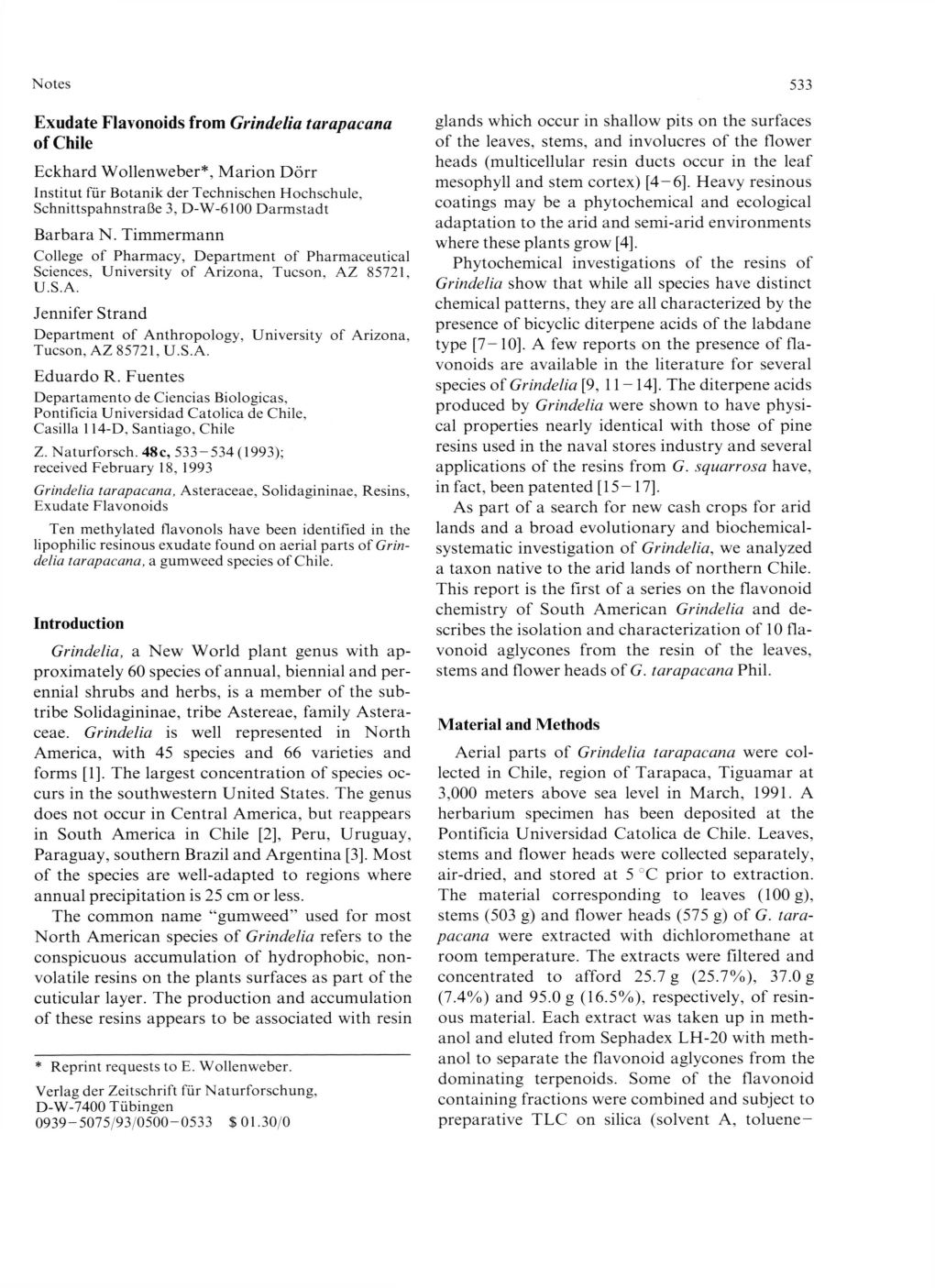 Exudate Flavonoids from Grindelia Tarapacana of Chile Introduction