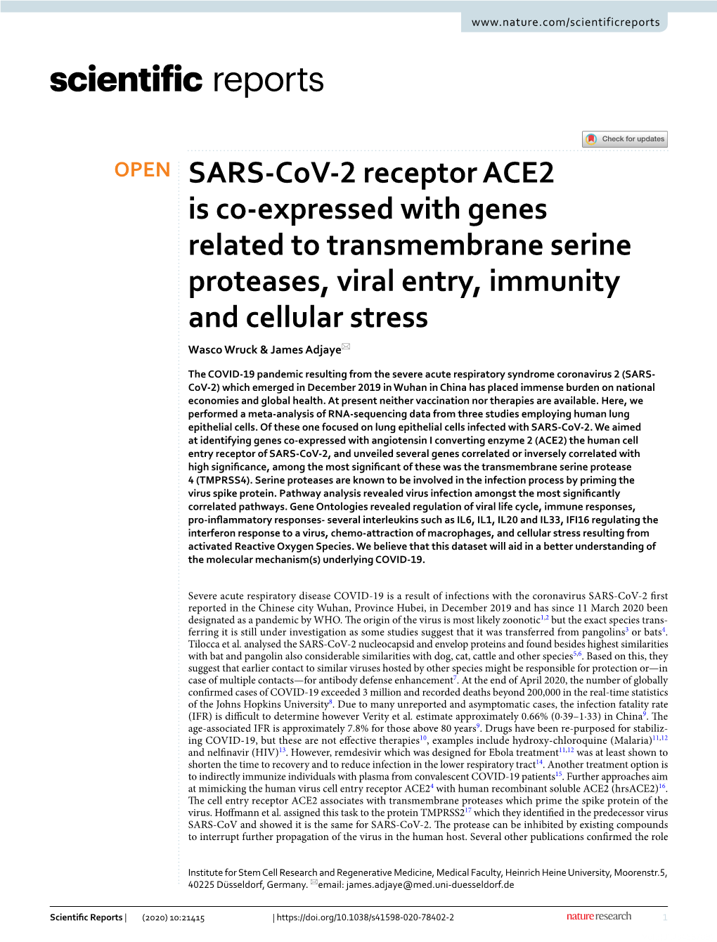 SARS-Cov-2 Receptor ACE2 Is Co-Expressed with Genes Related To