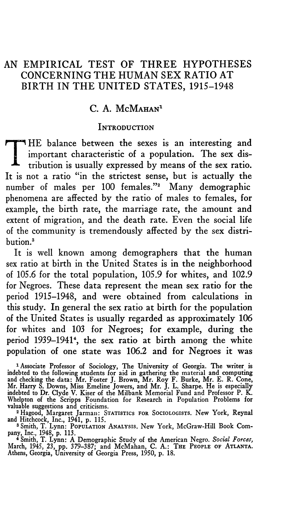 An Empirical Test of Three Hypotheses Concerning the Human Sex Ratio at Birth in the United States, 1915-1948