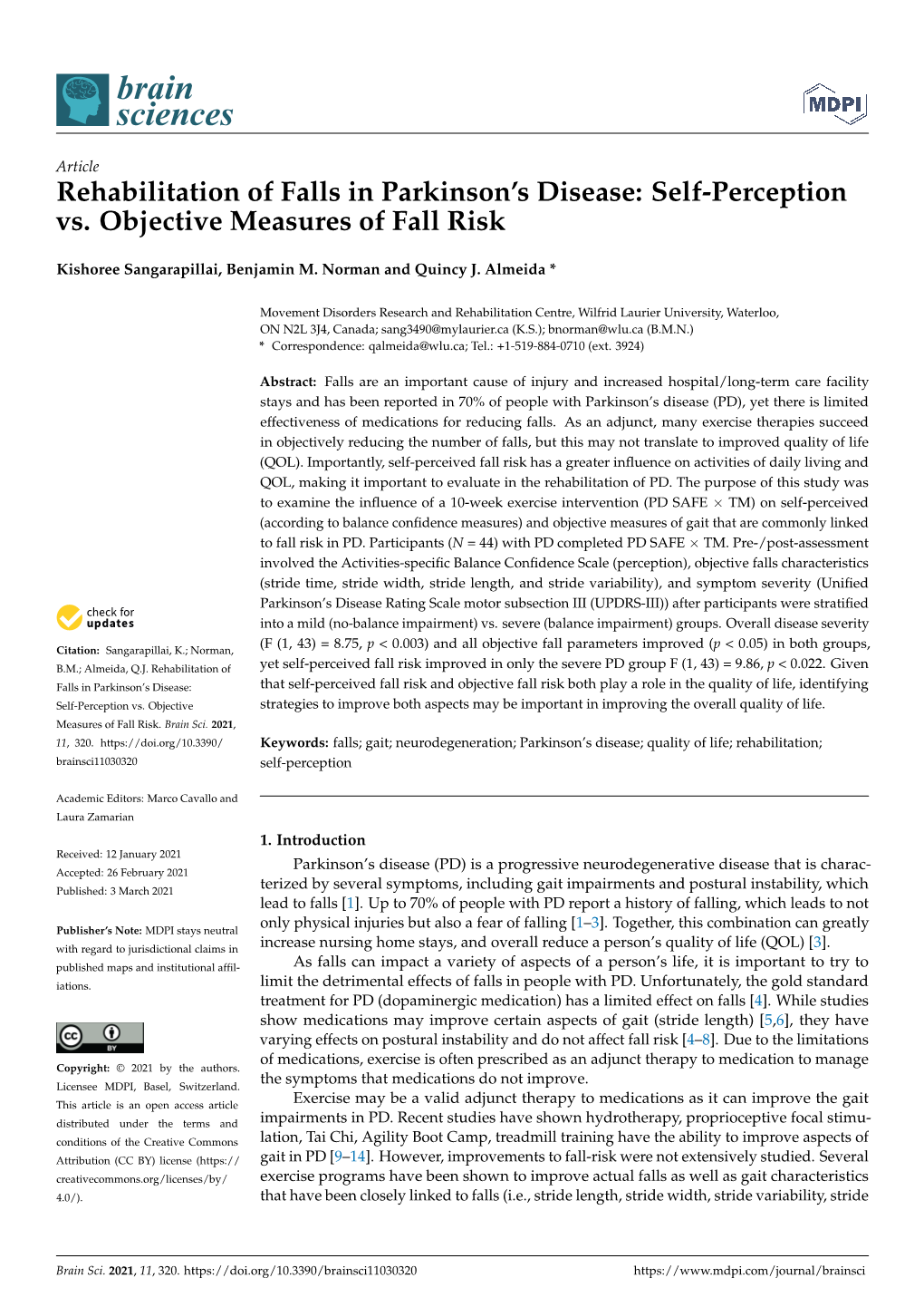 Rehabilitation of Falls in Parkinson's Disease