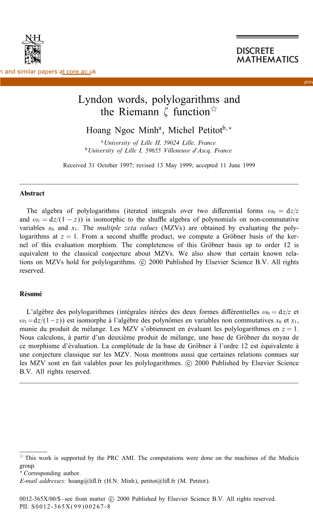 Lyndon Words, Polylogarithms and the Riemann Function