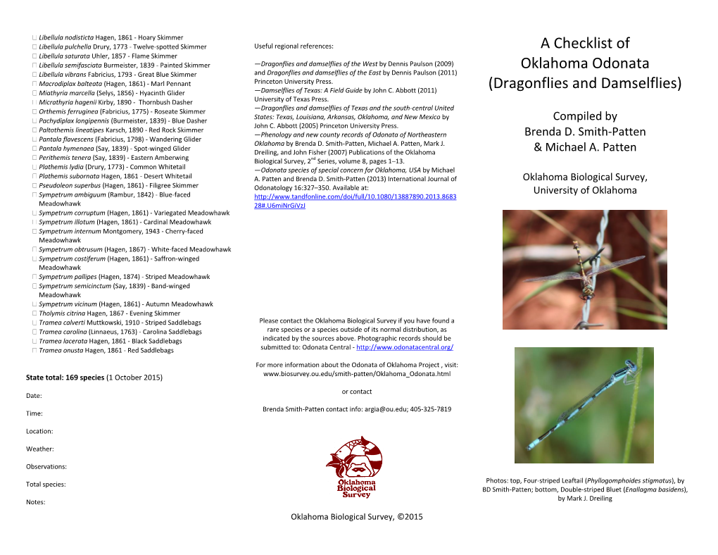 A Checklist of Oklahoma Odonata (Dragonflies and Damselflies)