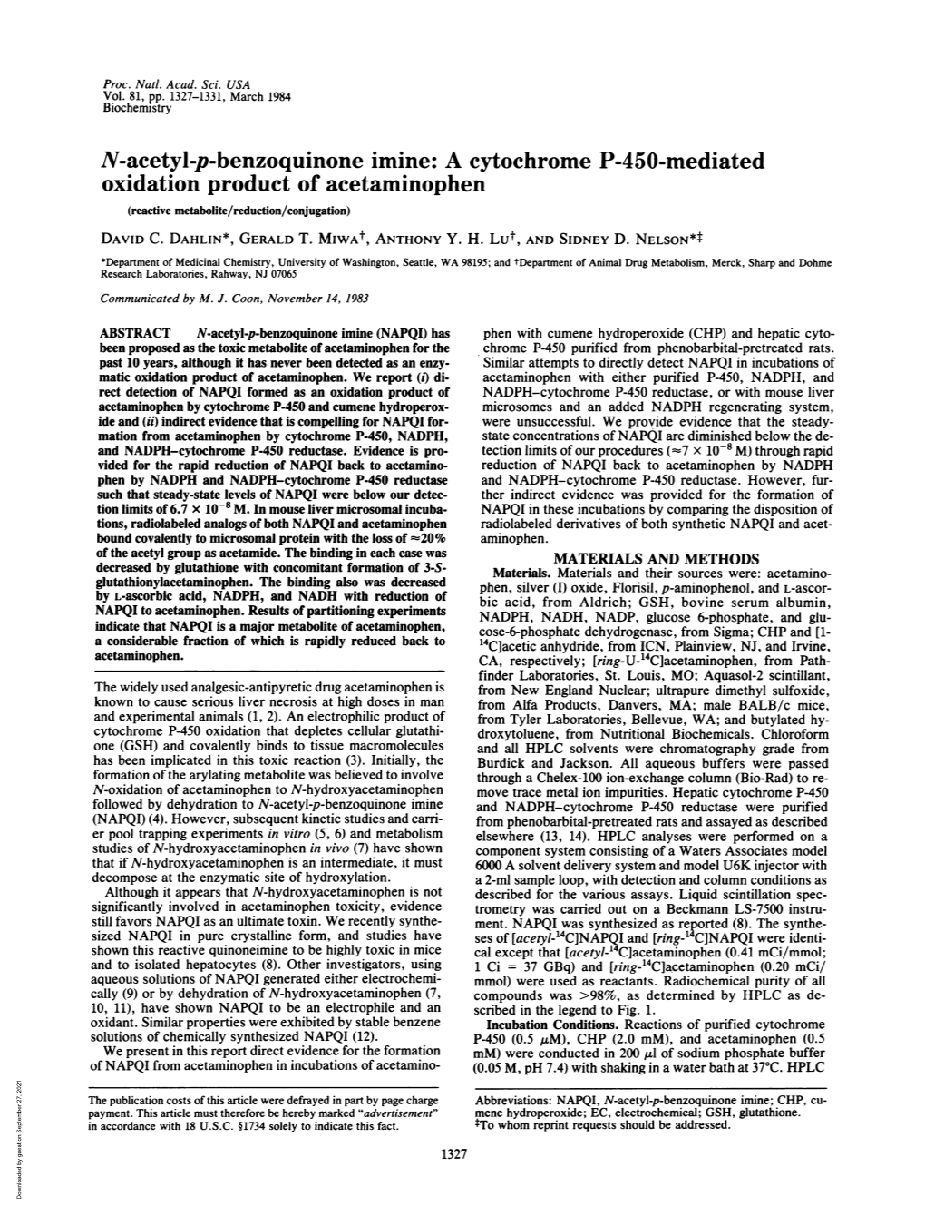 N-Acetyl-P-Benzoquinone Imine: a Cytochrome P-450-Mediated Oxidation Product of Acetaminophen (Reactive Metabolite/Reduction/Conjugation) DAVID C