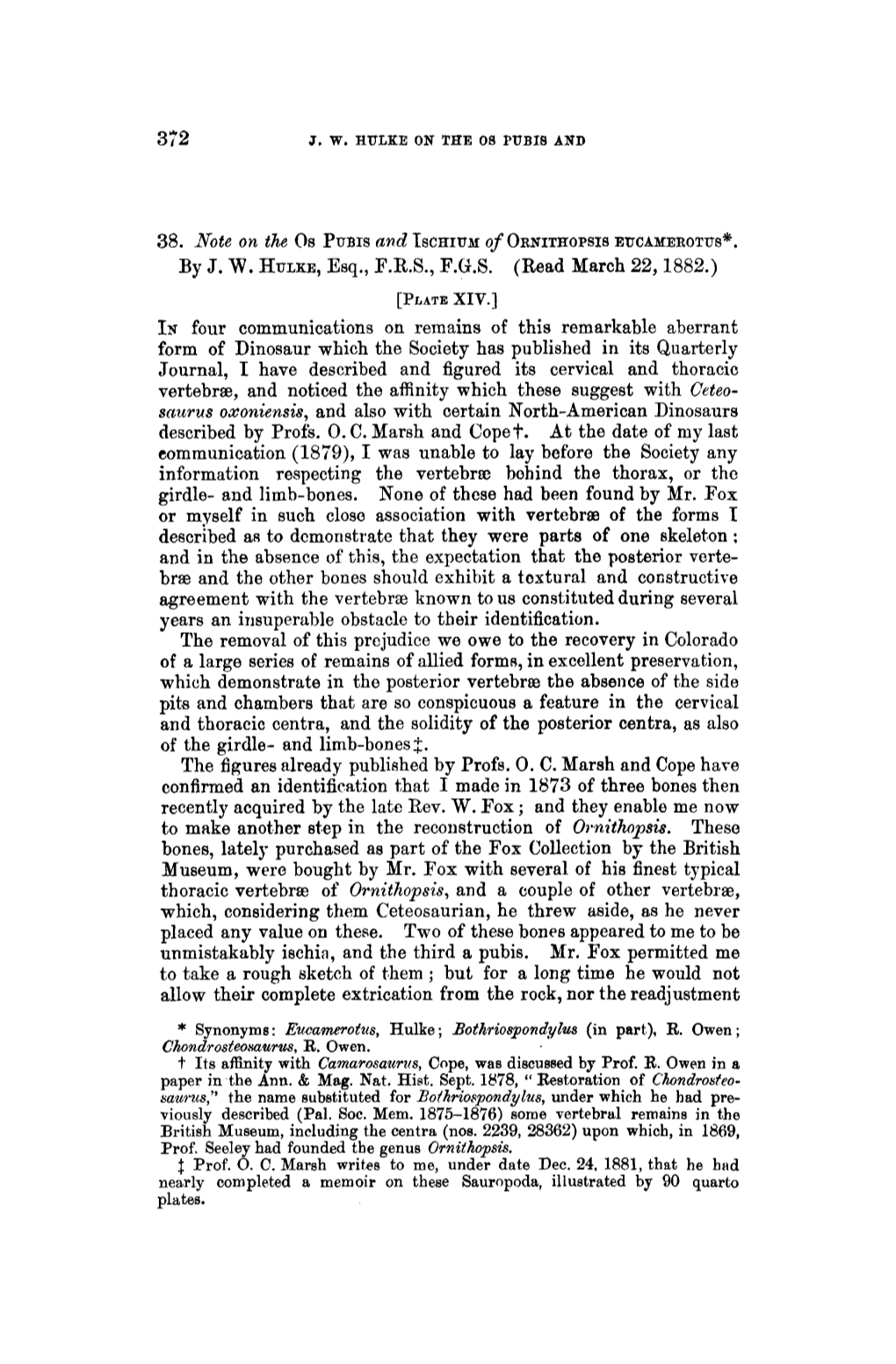 Chondrosteosauru~, R. Owen. T Its Affinity with Camarosaurus, Cope, Was Discussed by Prof