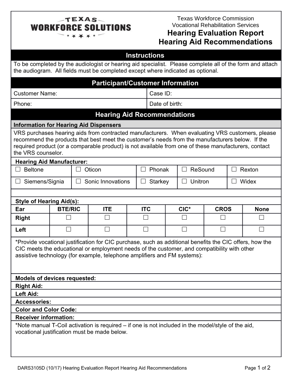 DARS3105D Hearing Evaluation Report Hearing Aid Recommendations