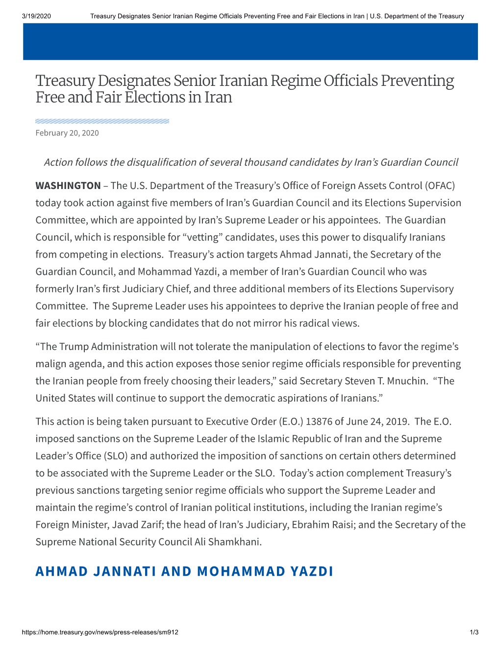 Treasury Designates Senior Iranian Regime Officials Preventing Free and Fair Elections in Iran | U.S